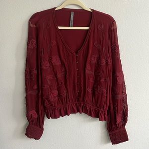 Anthropologie women’s embroidered long-sleeve blouse, maroon/crimson, size S